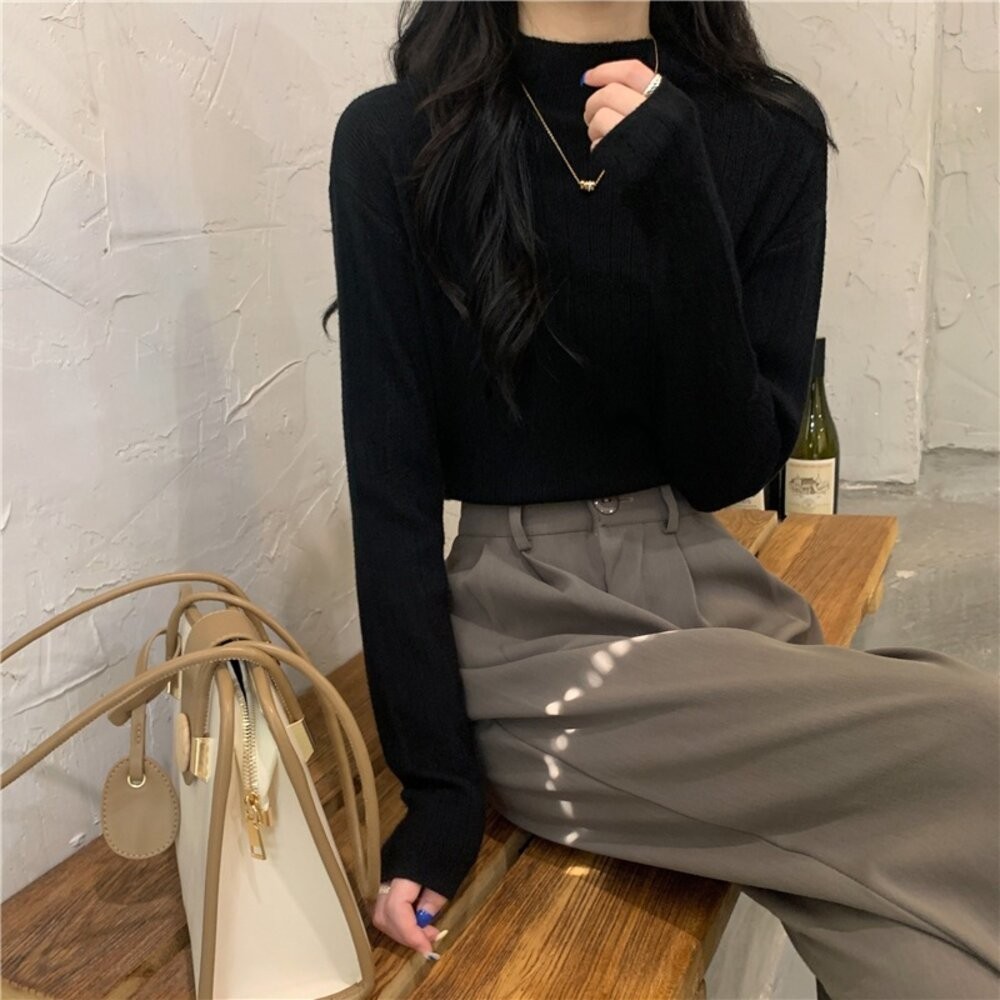 【台灣發貨】韓版設計感小眾半高領針織上衣  長袖上衣 長袖t恤 衣服 女裝 上衣【W566】-規格圖9