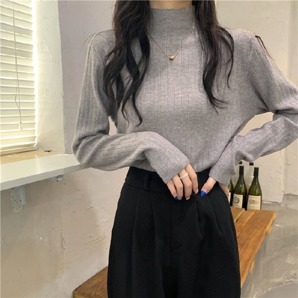 【台灣發貨】韓版設計感小眾半高領針織上衣  長袖上衣 長袖t恤 衣服 女裝 上衣【W566】-規格圖9