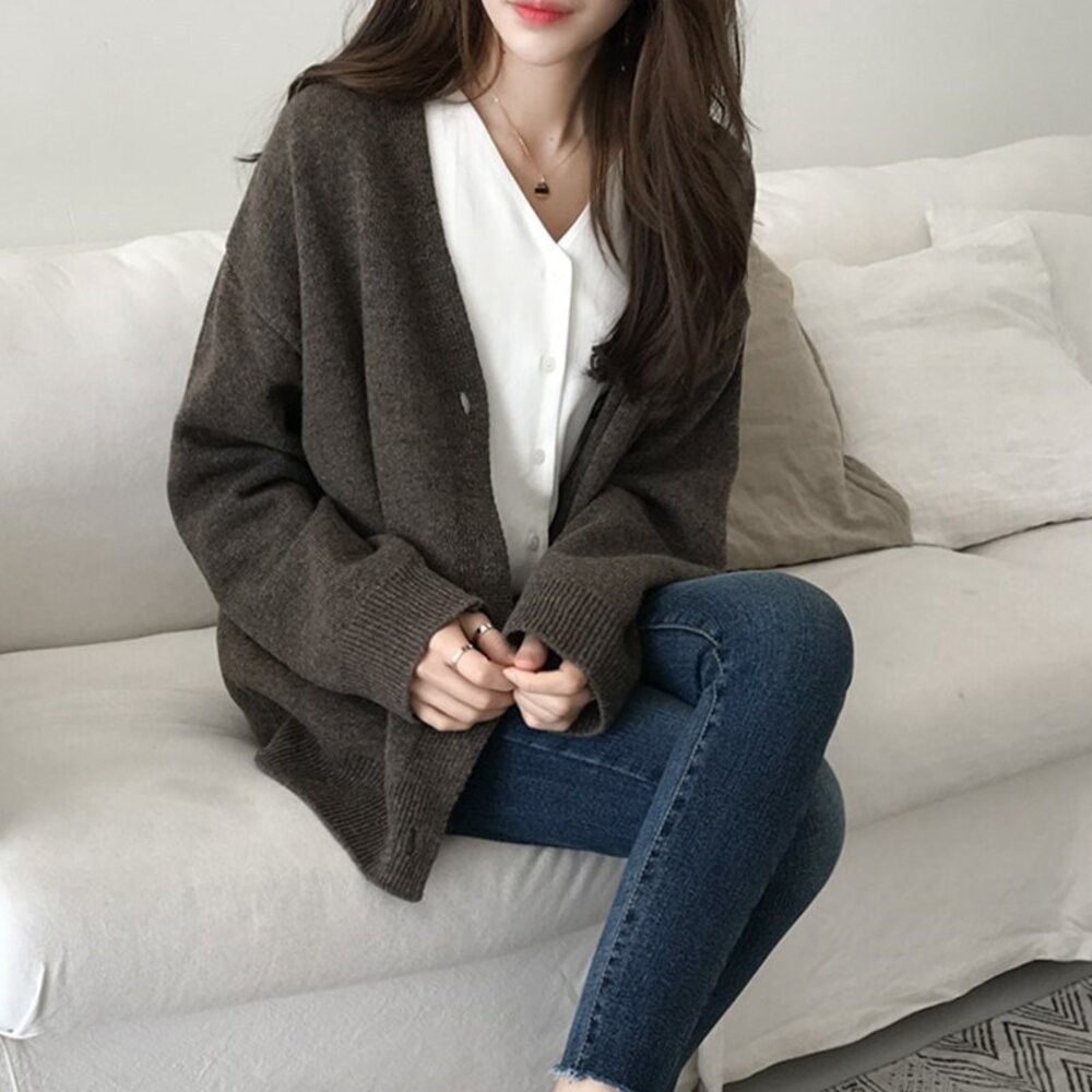 【台灣發貨】韓版氣質百搭V領紐扣針織外套 外套 防曬外套 女裝 上衣 衣服【J104】-細節圖5