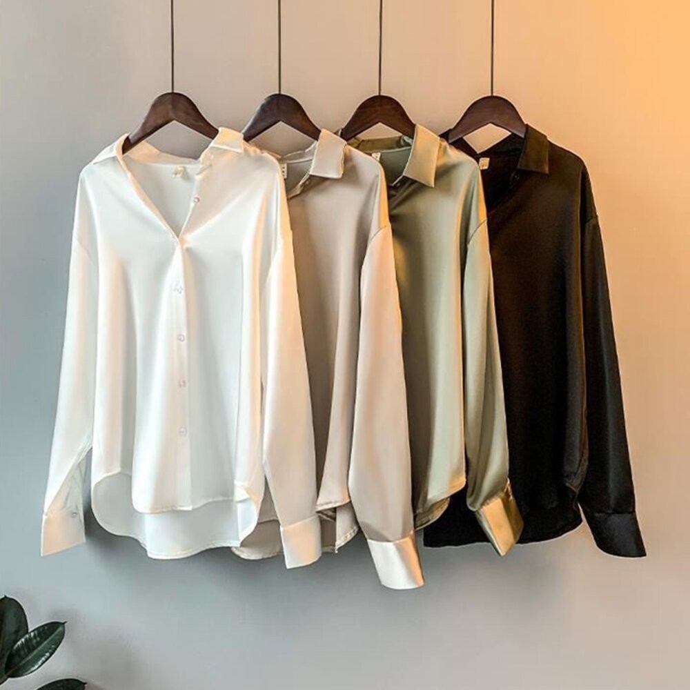 【台灣發貨】韓版緞面垂感襯衫 長袖上衣 長袖t恤 衣服 女裝 上衣【W539】-細節圖4