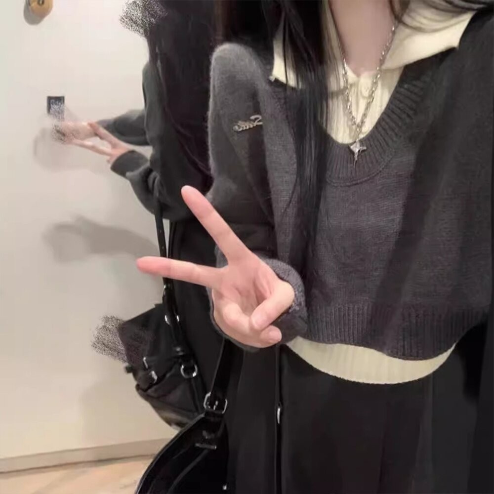 【台灣發貨】韓版復古顯瘦疊穿兩件式針織上衣+背心 長袖上衣 長袖t恤 衣服 小可愛 背心 女裝 上衣【W524】-細節圖4
