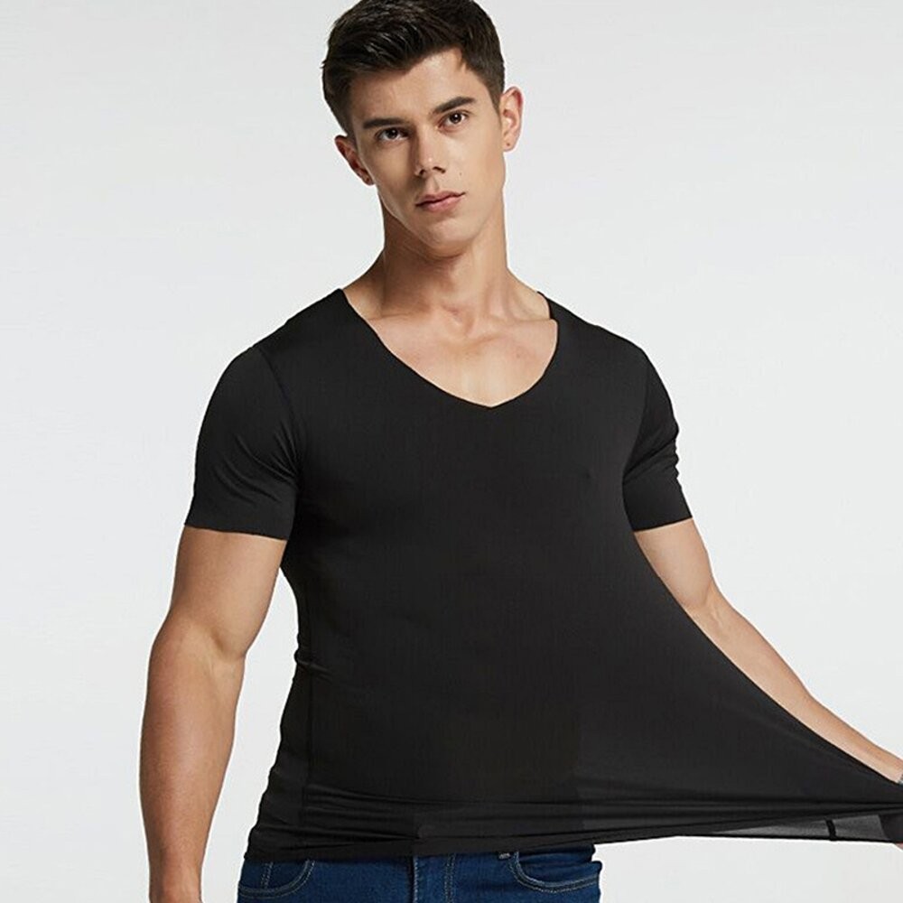 【台灣發貨】韓版薄款V領冰絲無痕短袖上衣 衣服 男裝 t恤 短袖t恤 上衣【T577】-細節圖4