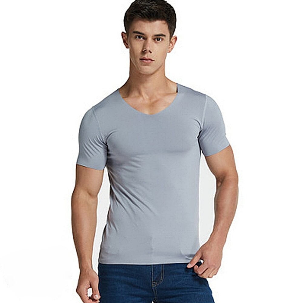 【台灣發貨】韓版薄款V領冰絲無痕短袖上衣 衣服 男裝 t恤 短袖t恤 上衣【T577】-細節圖6