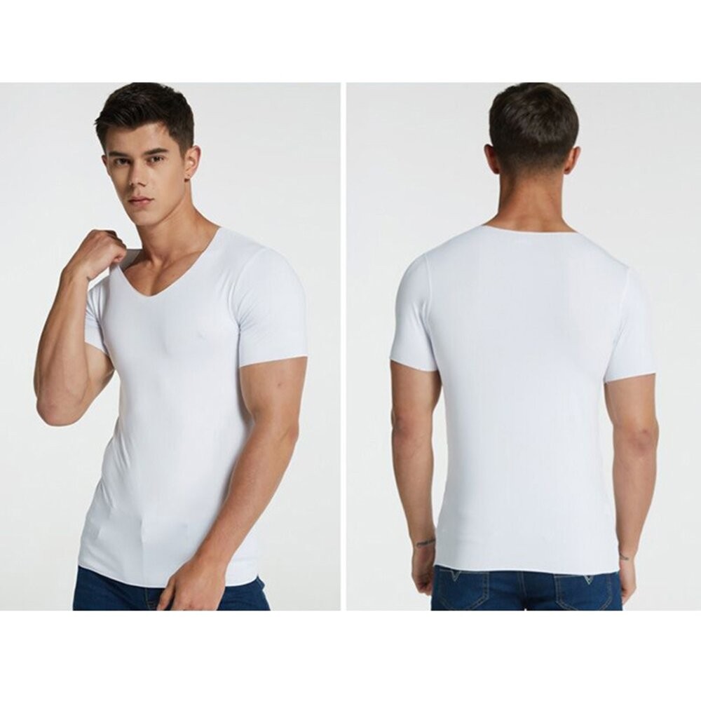 【台灣發貨】韓版薄款V領冰絲無痕短袖上衣 衣服 男裝 t恤 短袖t恤 上衣【T577】-細節圖7
