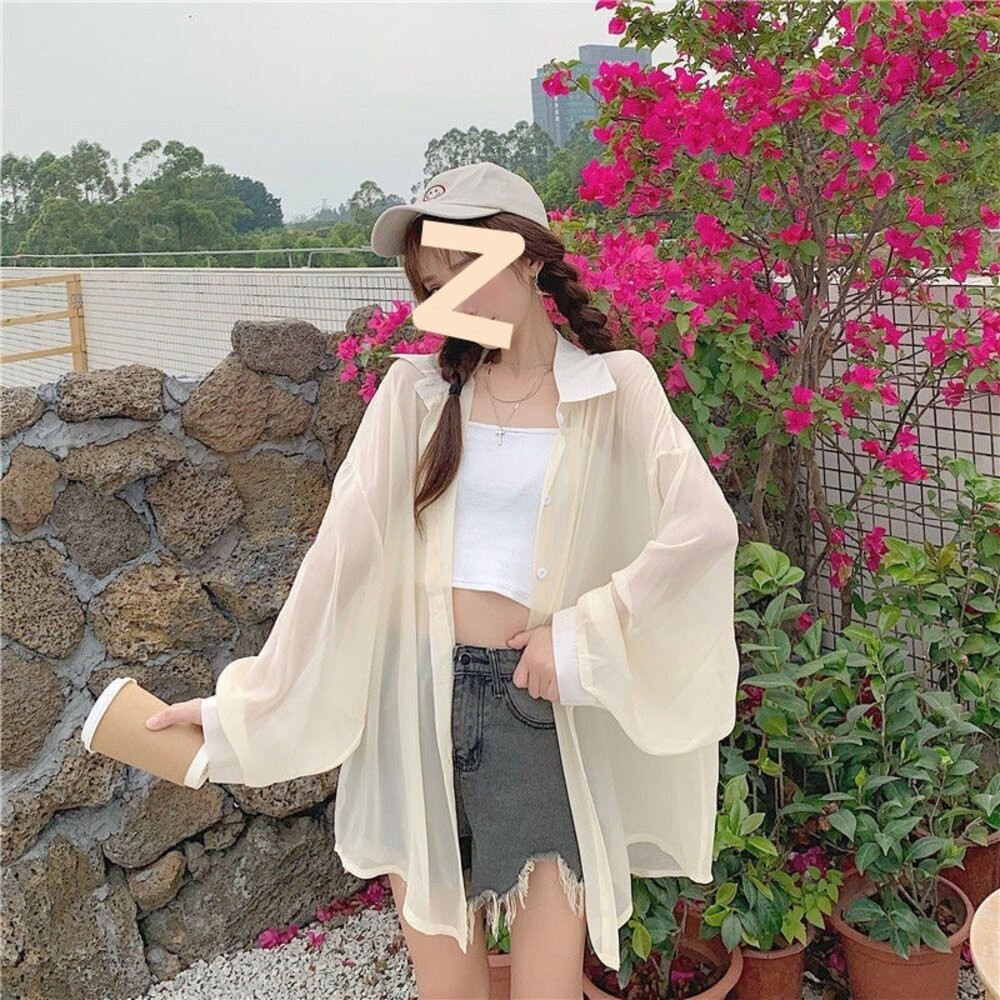 【台灣發貨】韓版薄款珠光紗微透防曬外套 外套 防曬外套 女裝 上衣 衣服【J217】-細節圖7