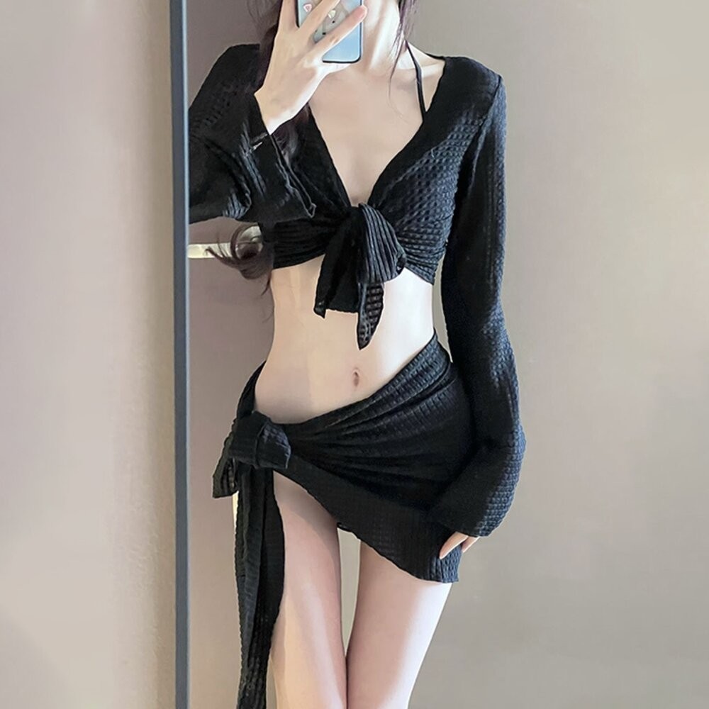 【台灣發貨】韓版度假風四件組泳衣 帶胸墊 連身裙 吊帶裙 吊帶褲 女裝【S133】-細節圖2