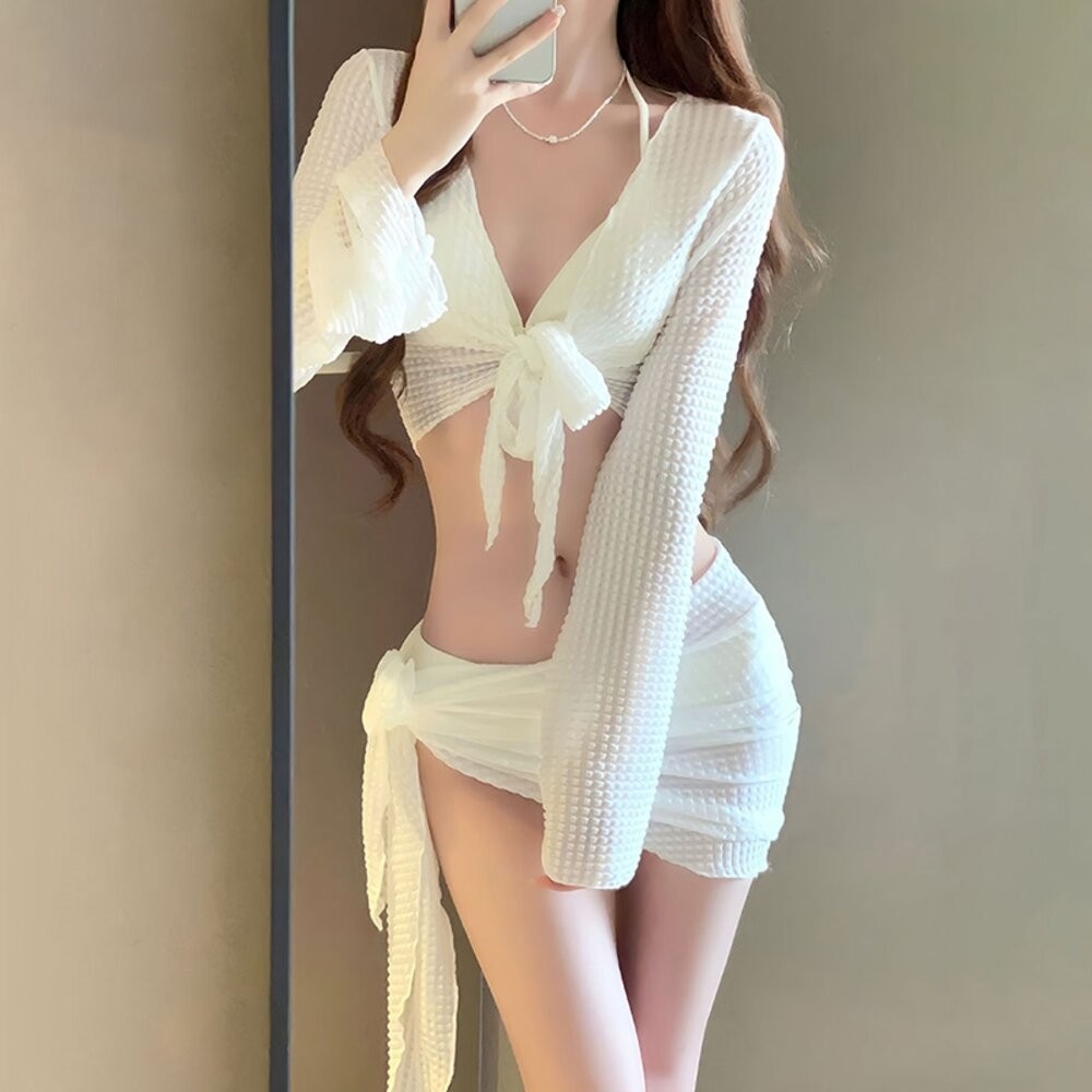 【台灣發貨】韓版度假風四件組泳衣 帶胸墊 連身裙 吊帶裙 吊帶褲 女裝【S133】-細節圖3