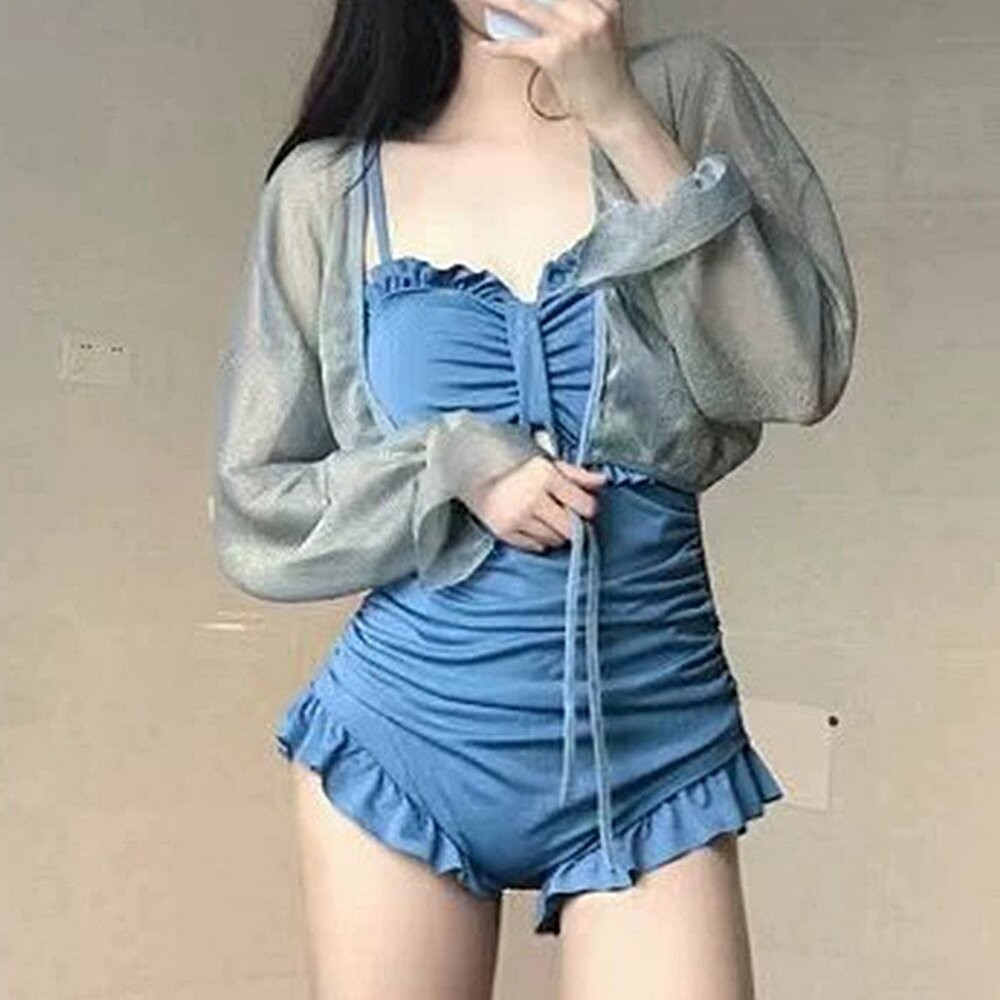 【台灣發貨】韓版高級感皺摺連身泳衣 帶胸墊 連身裙 吊帶裙 吊帶褲 女裝【S133】-細節圖2