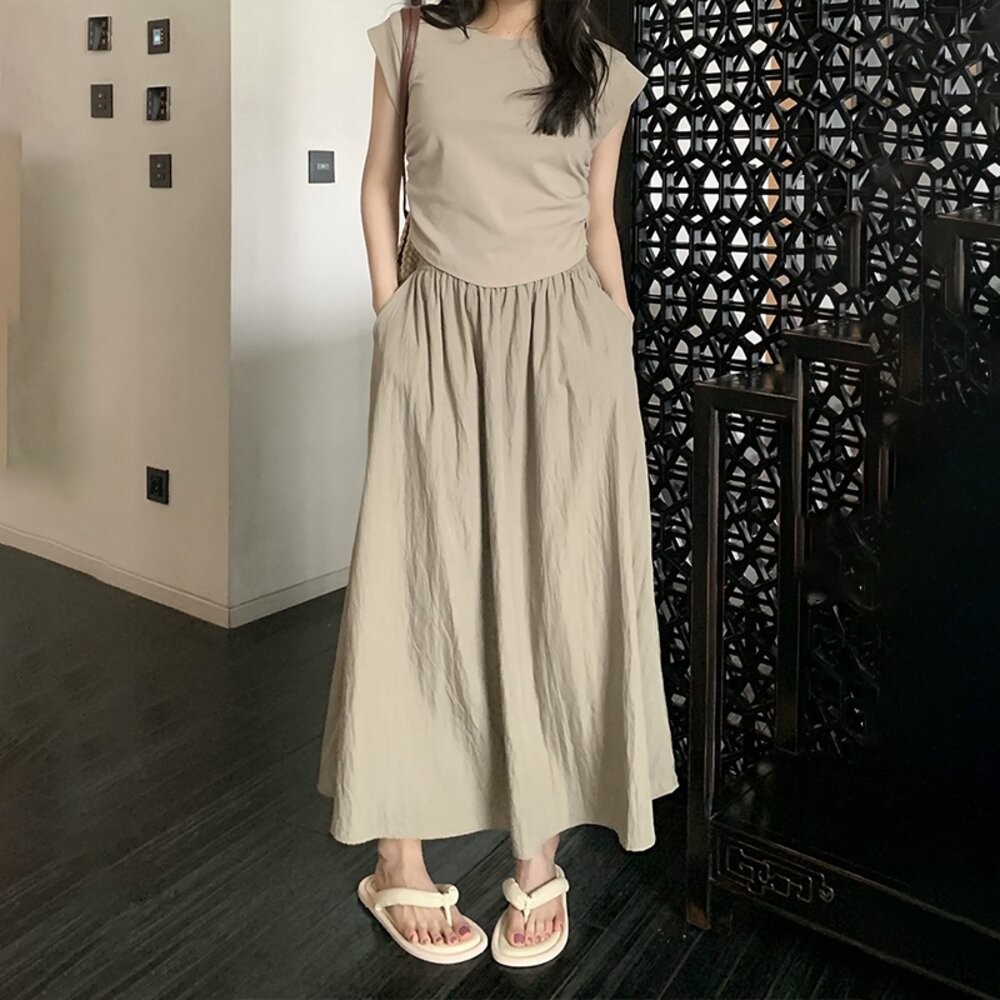 【台灣發貨】韓版高腰顯褶皺山本半身裙 裙子 褲裙 長裙 女裝【P342】-細節圖3