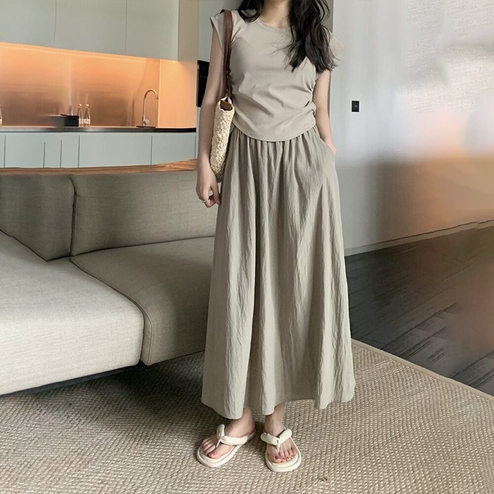 【台灣發貨】韓版高腰顯褶皺山本半身裙 裙子 褲裙 長裙 女裝【P342】-細節圖4