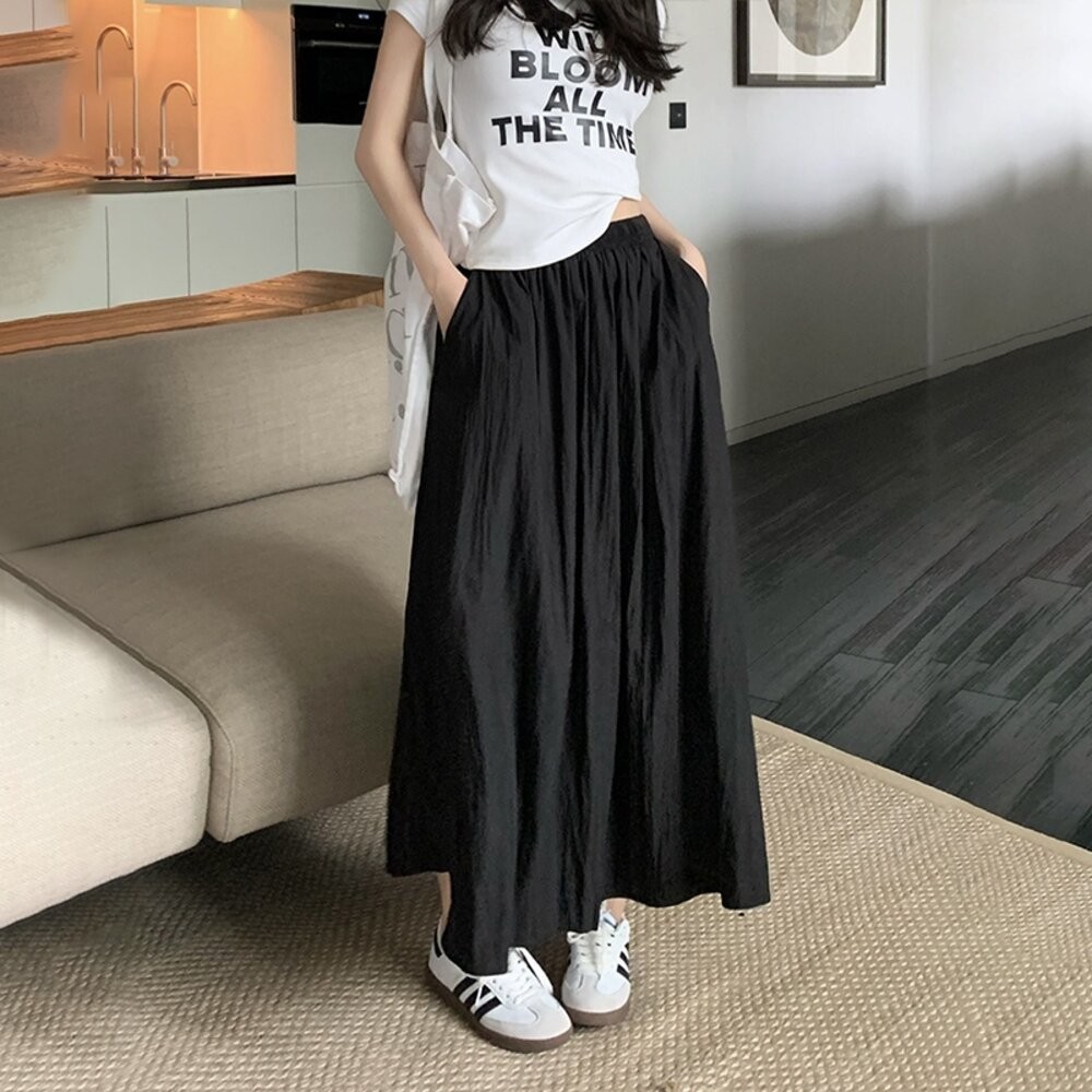 【台灣發貨】韓版高腰顯褶皺山本半身裙 裙子 褲裙 長裙 女裝【P342】-細節圖5