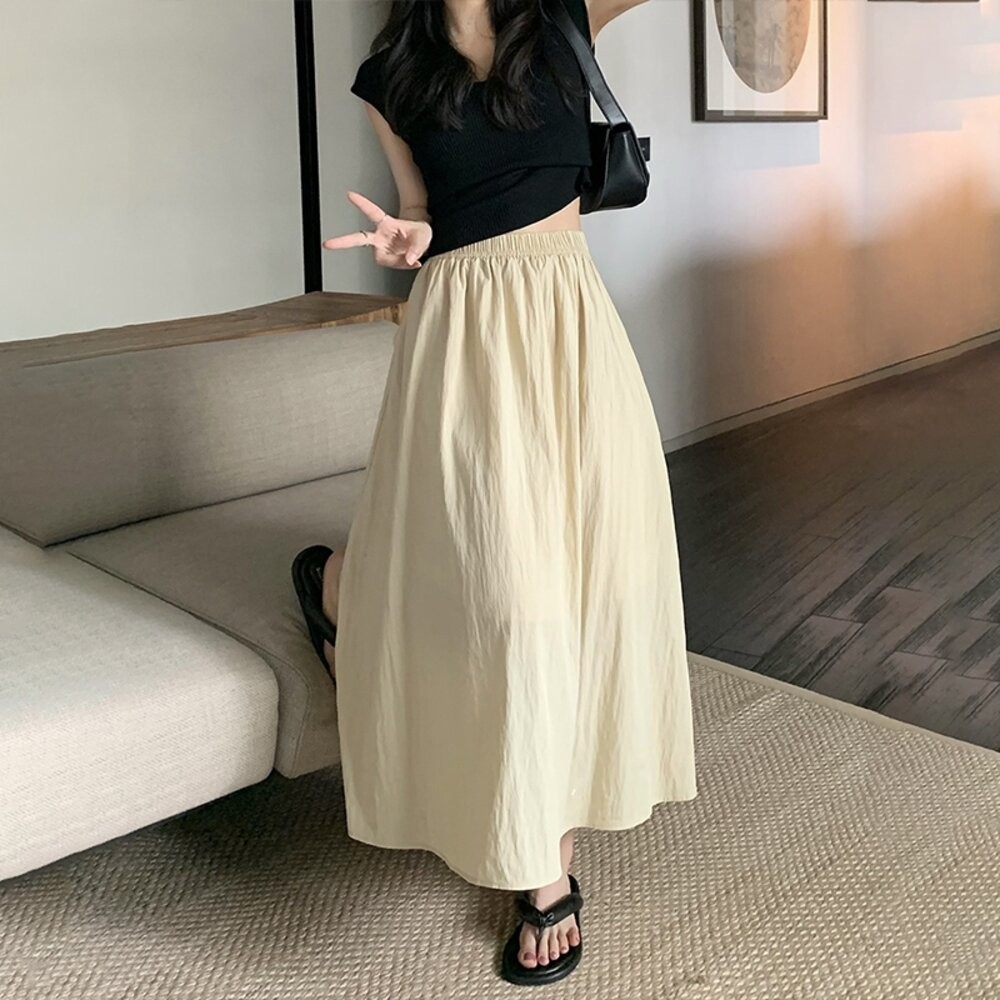 【台灣發貨】韓版高腰顯褶皺山本半身裙 裙子 褲裙 長裙 女裝【P342】-細節圖6