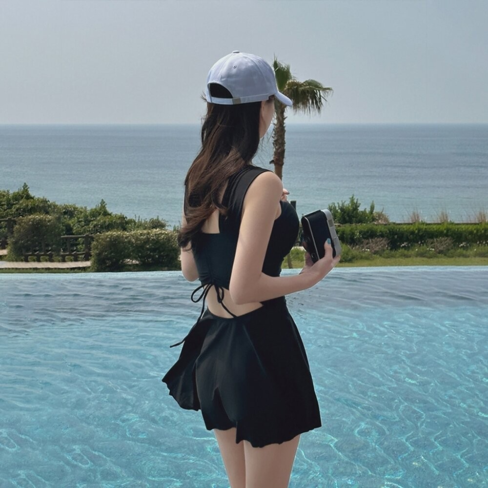 【台灣發貨】韓版顯瘦V領露背百褶裙連身泳衣【S133】-細節圖3