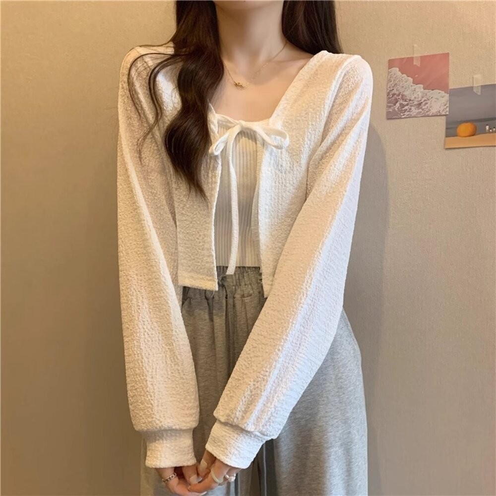 【台灣發貨】韓版小眾復古綁帶燈籠袖短版外套 外套 防曬外套 女裝 上衣 衣服【J213】-細節圖3