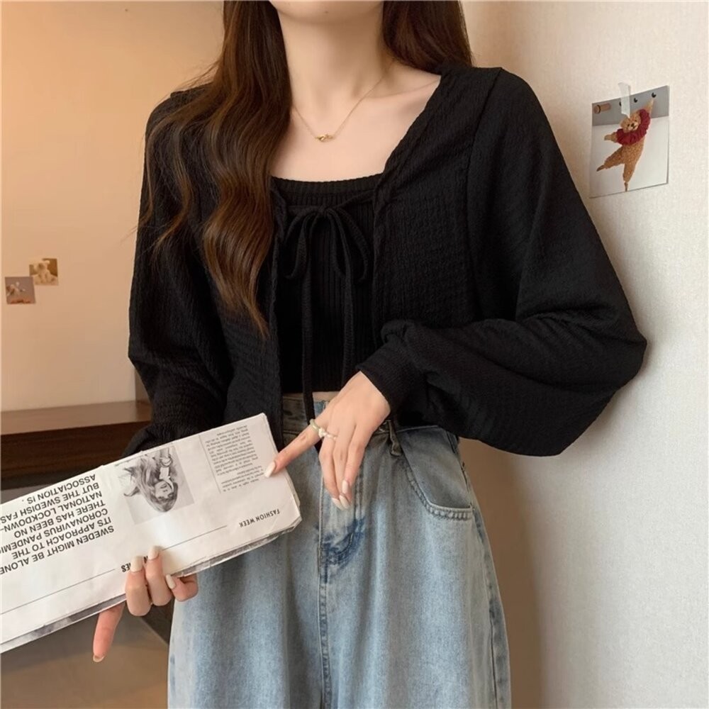 【台灣發貨】韓版小眾復古綁帶燈籠袖短版外套 外套 防曬外套 女裝 上衣 衣服【J213】-細節圖4