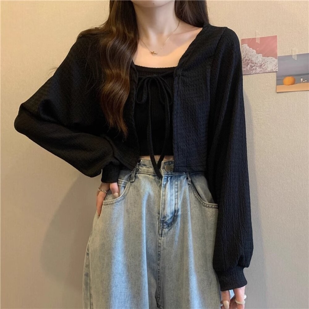 【台灣發貨】韓版小眾復古綁帶燈籠袖短版外套 外套 防曬外套 女裝 上衣 衣服【J213】-細節圖8