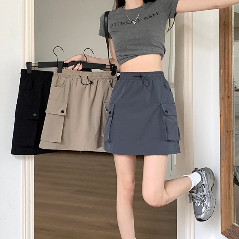 【台灣發貨】韓版高腰鬆緊腰工裝半身裙 小可愛 背心 衣服 女裝 上衣【P337】-細節圖2