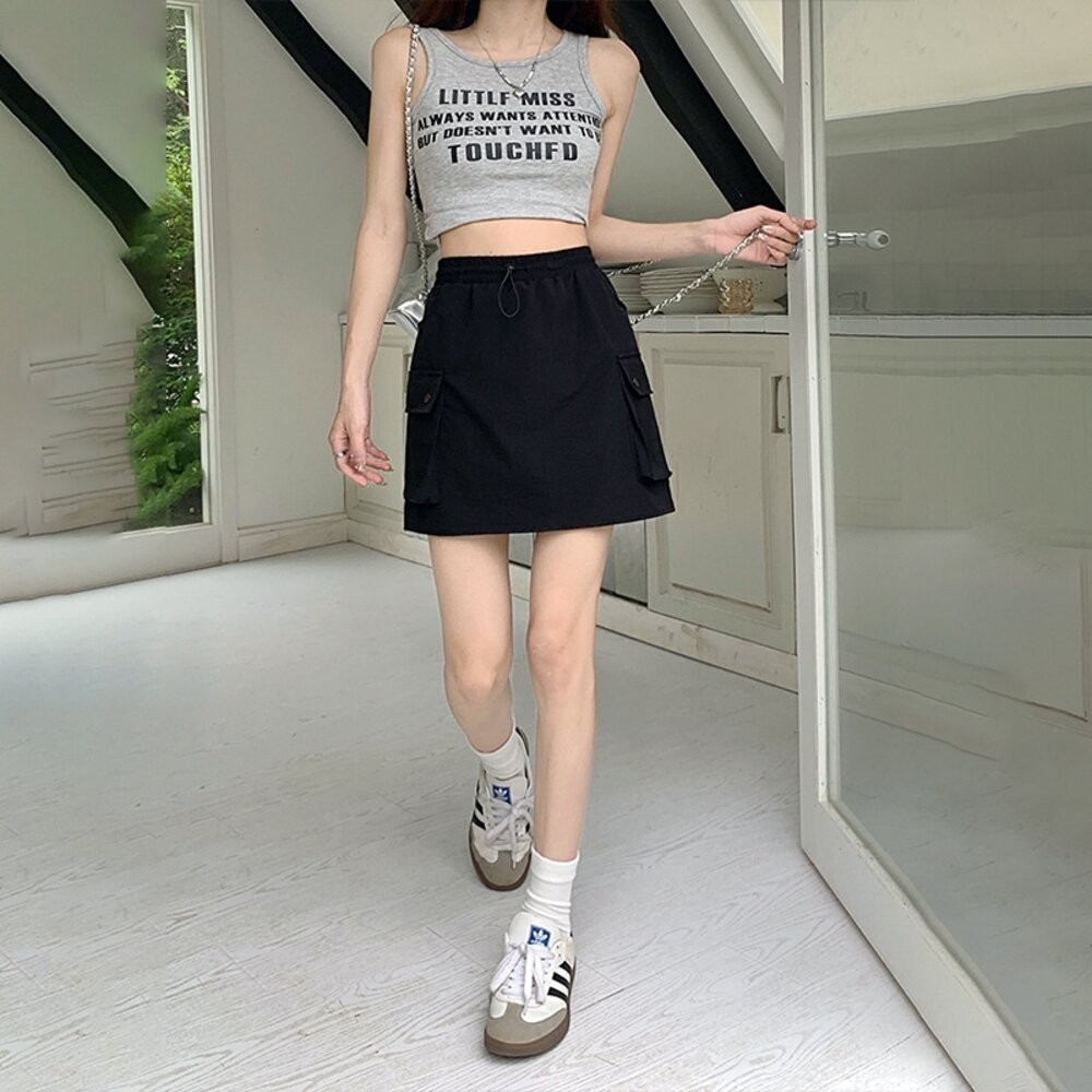 【台灣發貨】韓版高腰鬆緊腰工裝半身裙 小可愛 背心 衣服 女裝 上衣【P337】-細節圖5