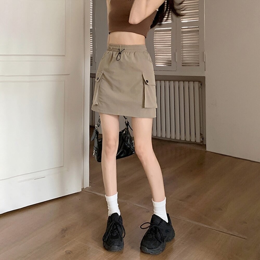 【台灣發貨】韓版高腰鬆緊腰工裝半身裙 小可愛 背心 衣服 女裝 上衣【P337】-細節圖6