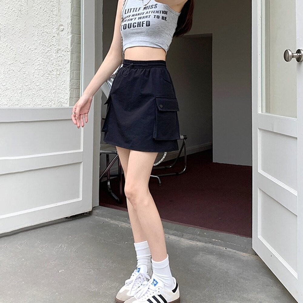 【台灣發貨】韓版高腰鬆緊腰工裝半身裙 小可愛 背心 衣服 女裝 上衣【P337】-細節圖8