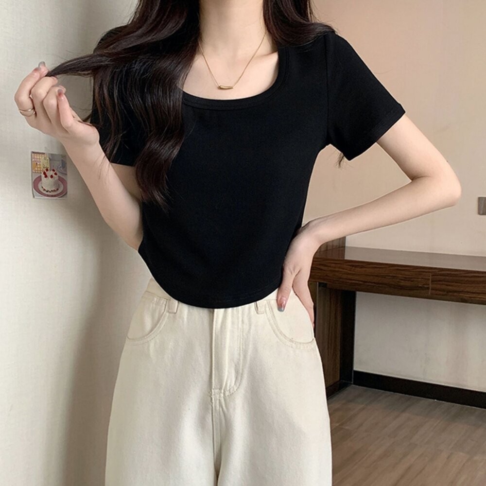 【台灣發貨】韓版修身顯瘦弧形下擺短版上衣 衣服 女裝 t恤 短袖t恤 上衣【T598】-細節圖3