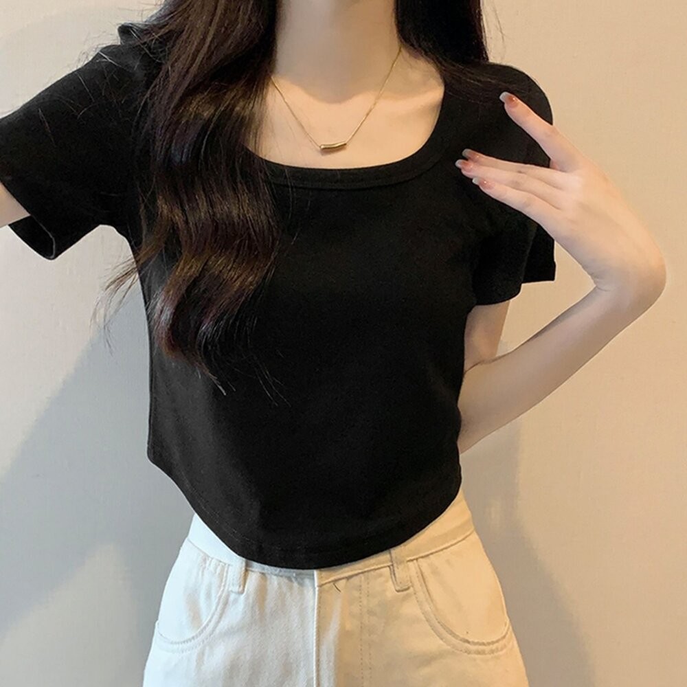 【台灣發貨】韓版修身顯瘦弧形下擺短版上衣 衣服 女裝 t恤 短袖t恤 上衣【T598】-細節圖7