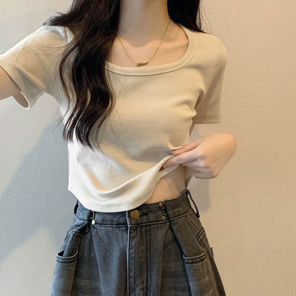 【台灣發貨】韓版修身顯瘦弧形下擺短版上衣 衣服 女裝 t恤 短袖t恤 上衣【T598】-細節圖8