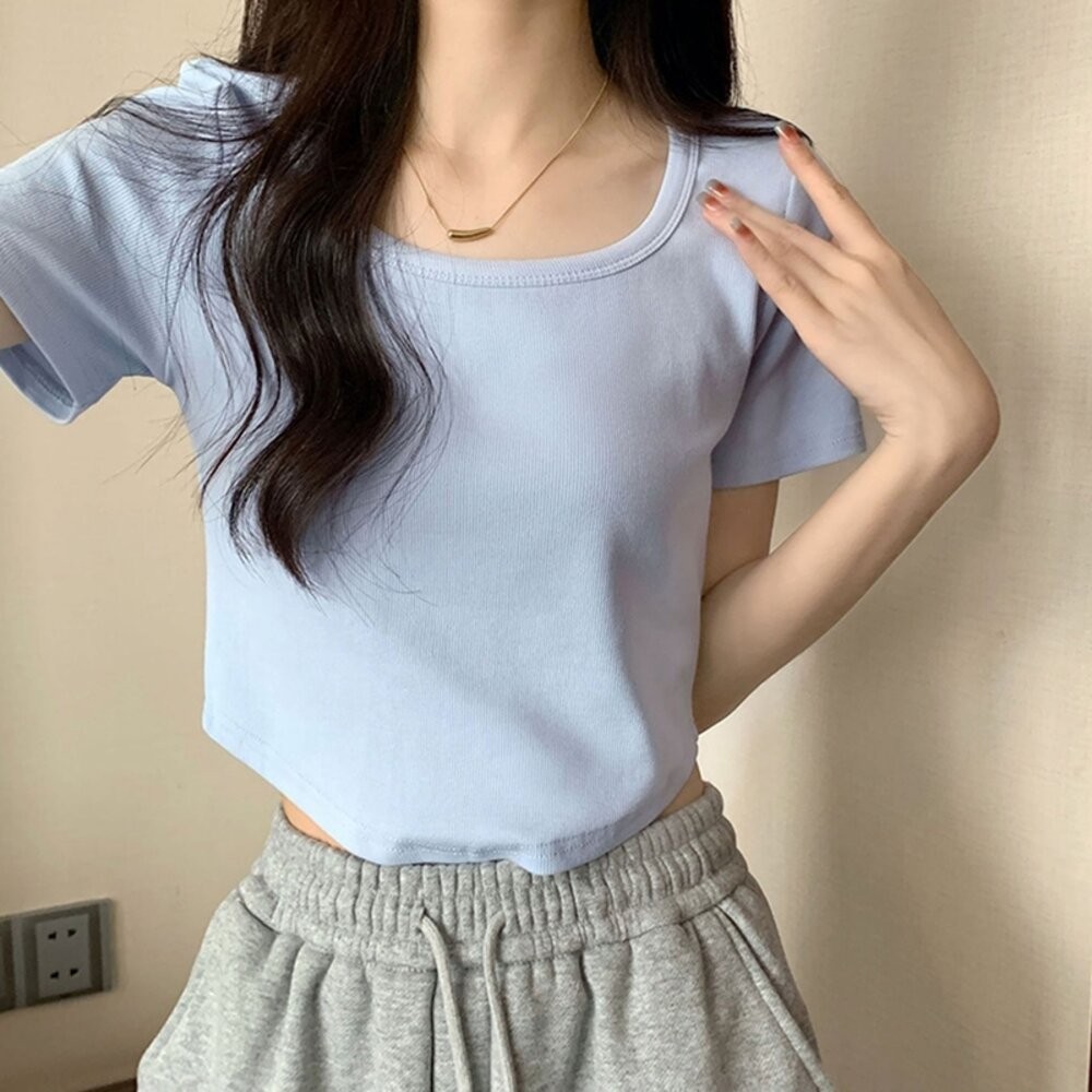 【台灣發貨】韓版修身顯瘦弧形下擺短版上衣 衣服 女裝 t恤 短袖t恤 上衣【T598】-細節圖9