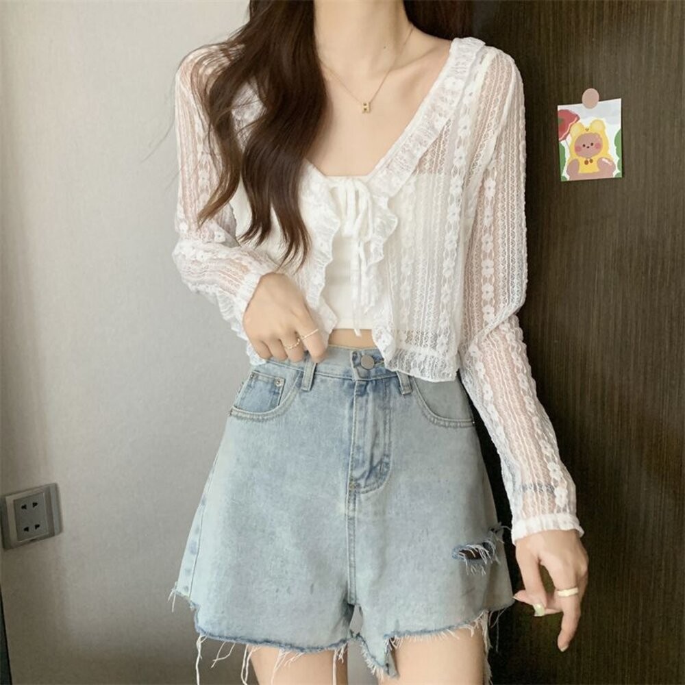 【台灣發貨】韓版氣質蕾絲防曬短版外套 外套 防曬外套 女裝 上衣 衣服【J336】-細節圖2
