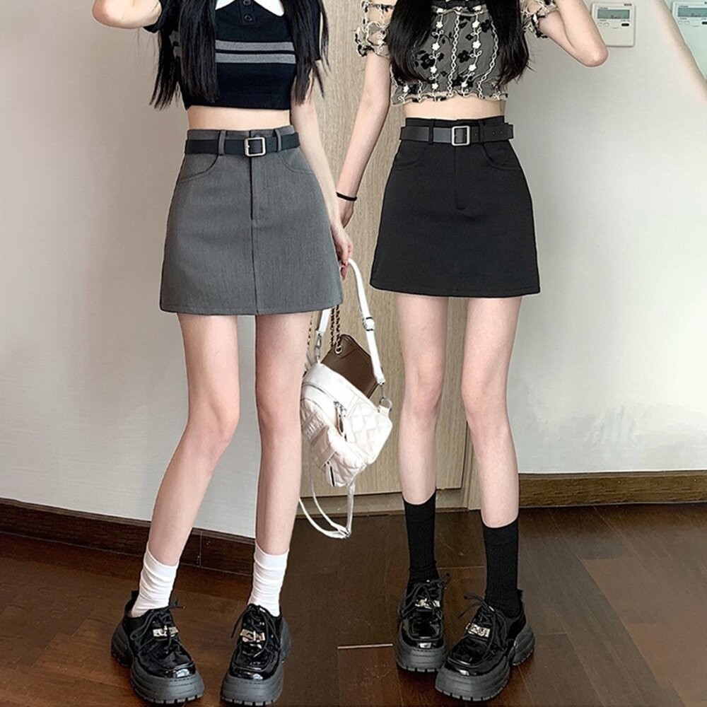 【台灣發貨】韓版氣質顯瘦高腰工裝短裙 內有安裙褲【P327】-細節圖2