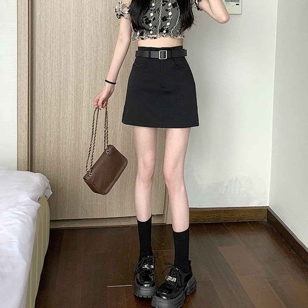 【台灣發貨】韓版氣質顯瘦高腰工裝短裙 內有安裙褲【P327】-細節圖7