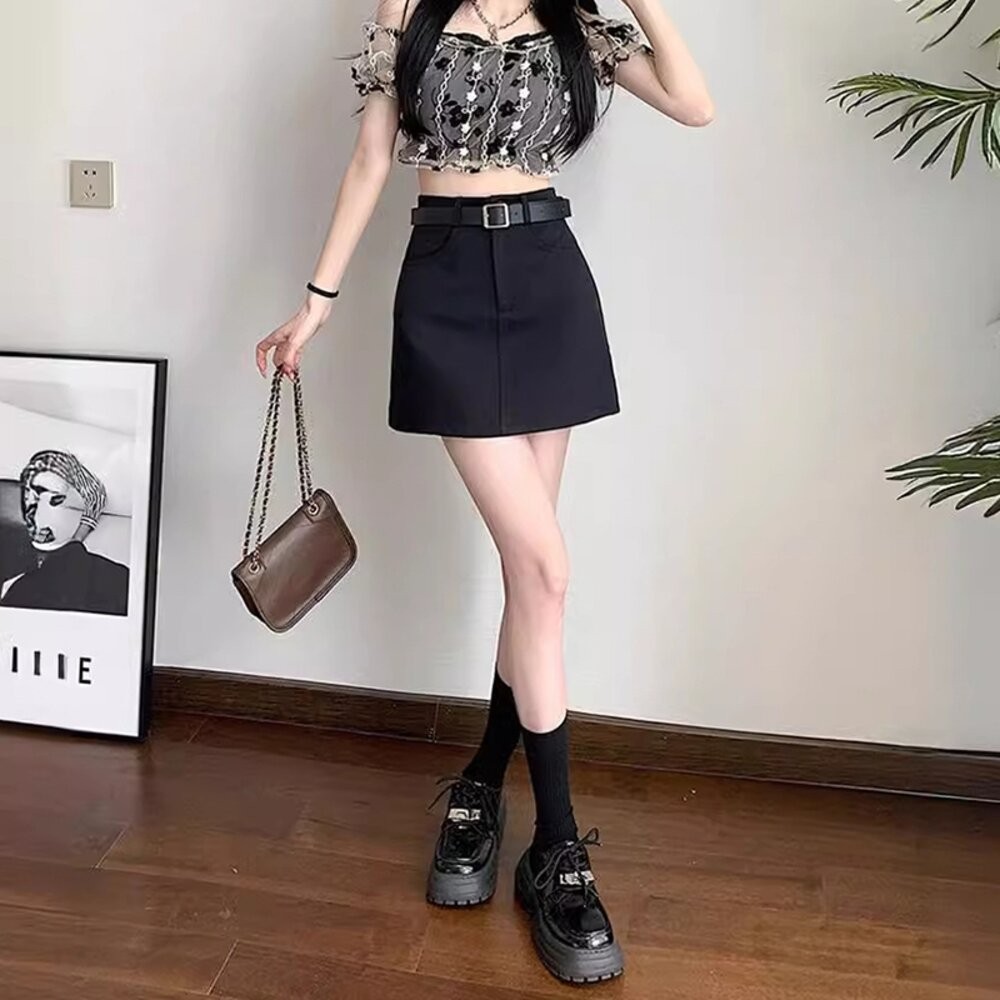 【台灣發貨】韓版氣質顯瘦高腰工裝短裙 內有安裙褲【P327】-細節圖9