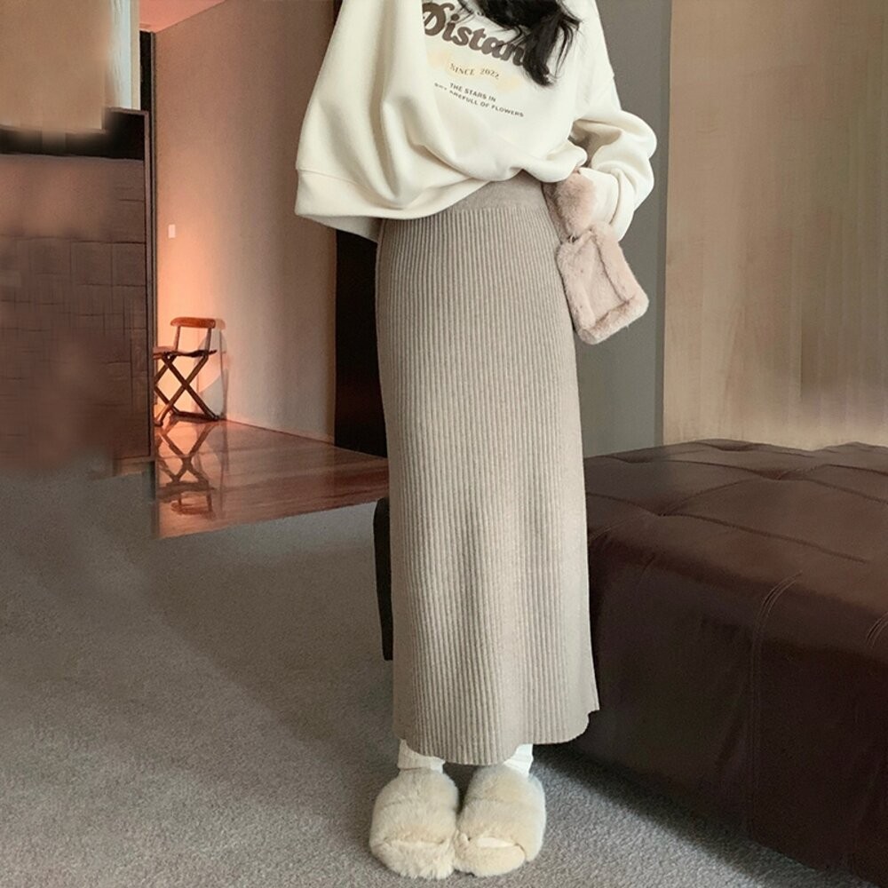 【台灣發貨】韓版高腰長款顯瘦針織半身裙 裙子 褲裙 長裙 女裝【P308】-細節圖2