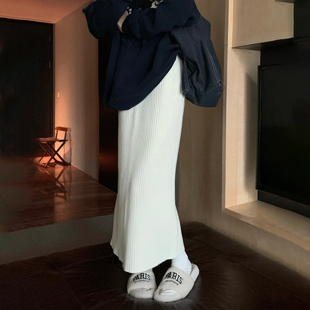 【台灣發貨】韓版高腰長款顯瘦針織半身裙 裙子 褲裙 長裙 女裝【P308】-細節圖3