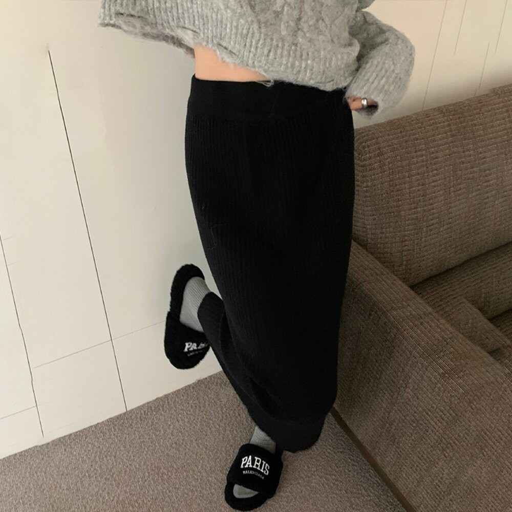 【台灣發貨】韓版高腰長款顯瘦針織半身裙 裙子 褲裙 長裙 女裝【P308】-細節圖4