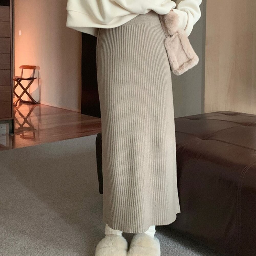 【台灣發貨】韓版高腰長款顯瘦針織半身裙 裙子 褲裙 長裙 女裝【P308】-細節圖7