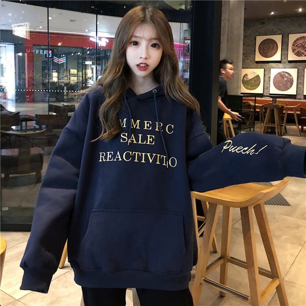 【台灣發貨】韓版刺繡韓版寬鬆內刷毛連帽上衣 長袖上衣 長袖t恤 衣服 女裝 上衣【W502】-細節圖3