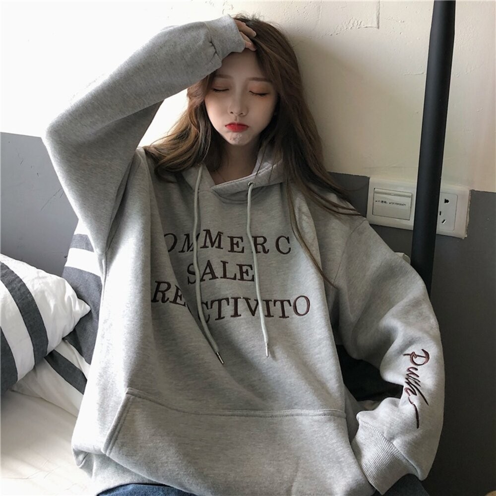 【台灣發貨】韓版刺繡韓版寬鬆內刷毛連帽上衣 長袖上衣 長袖t恤 衣服 女裝 上衣【W502】-細節圖4