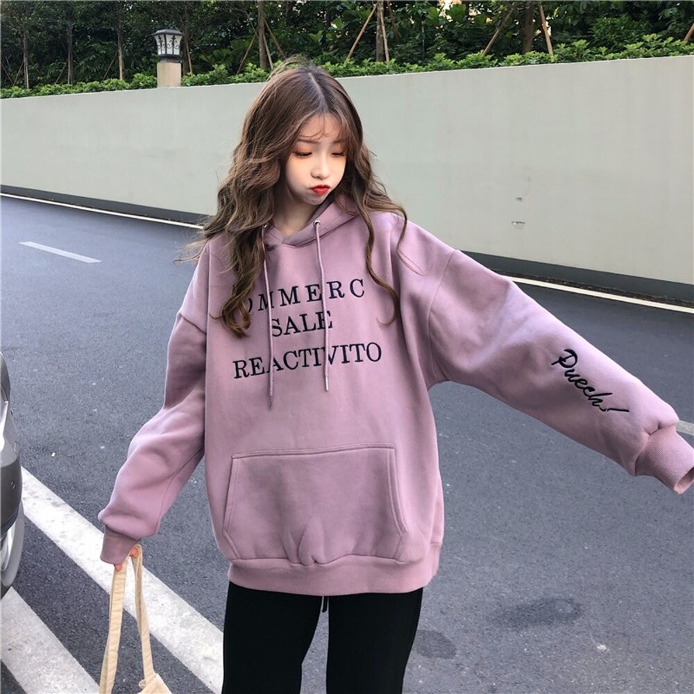 【台灣發貨】韓版刺繡韓版寬鬆內刷毛連帽上衣 長袖上衣 長袖t恤 衣服 女裝 上衣【W502】-細節圖5
