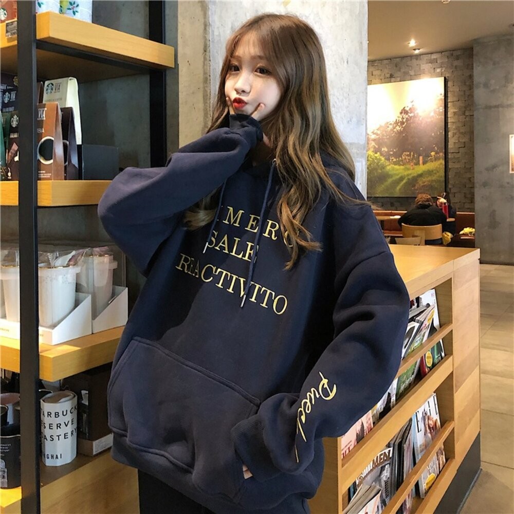 【台灣發貨】韓版刺繡韓版寬鬆內刷毛連帽上衣 長袖上衣 長袖t恤 衣服 女裝 上衣【W502】-細節圖6