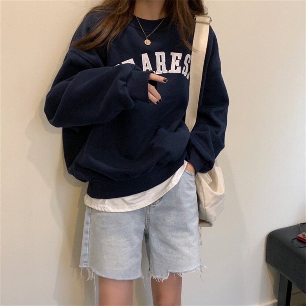 【台灣發貨】韓版字母內刷毛寬鬆長袖上衣 長袖上衣 長袖t恤 衣服 女裝 上衣【W500】-細節圖4