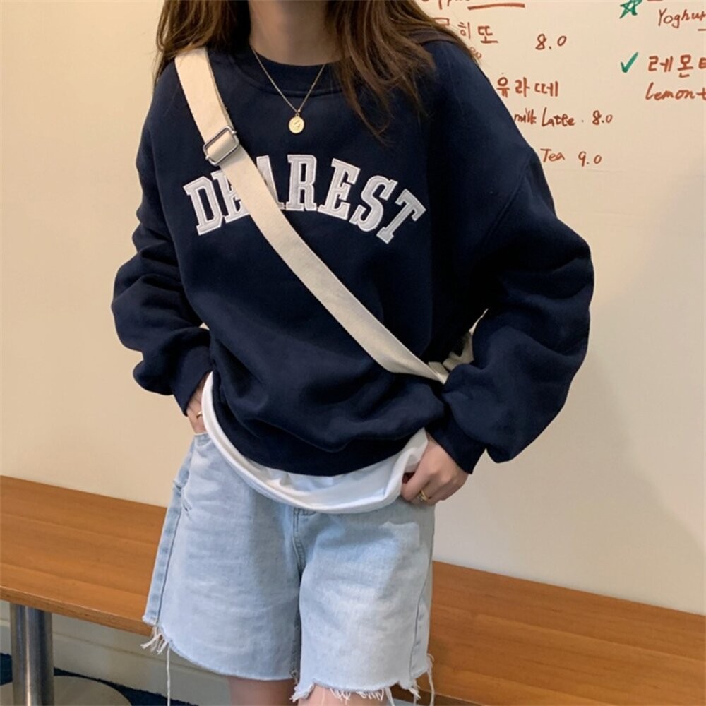 【台灣發貨】韓版字母內刷毛寬鬆長袖上衣 長袖上衣 長袖t恤 衣服 女裝 上衣【W500】-細節圖6