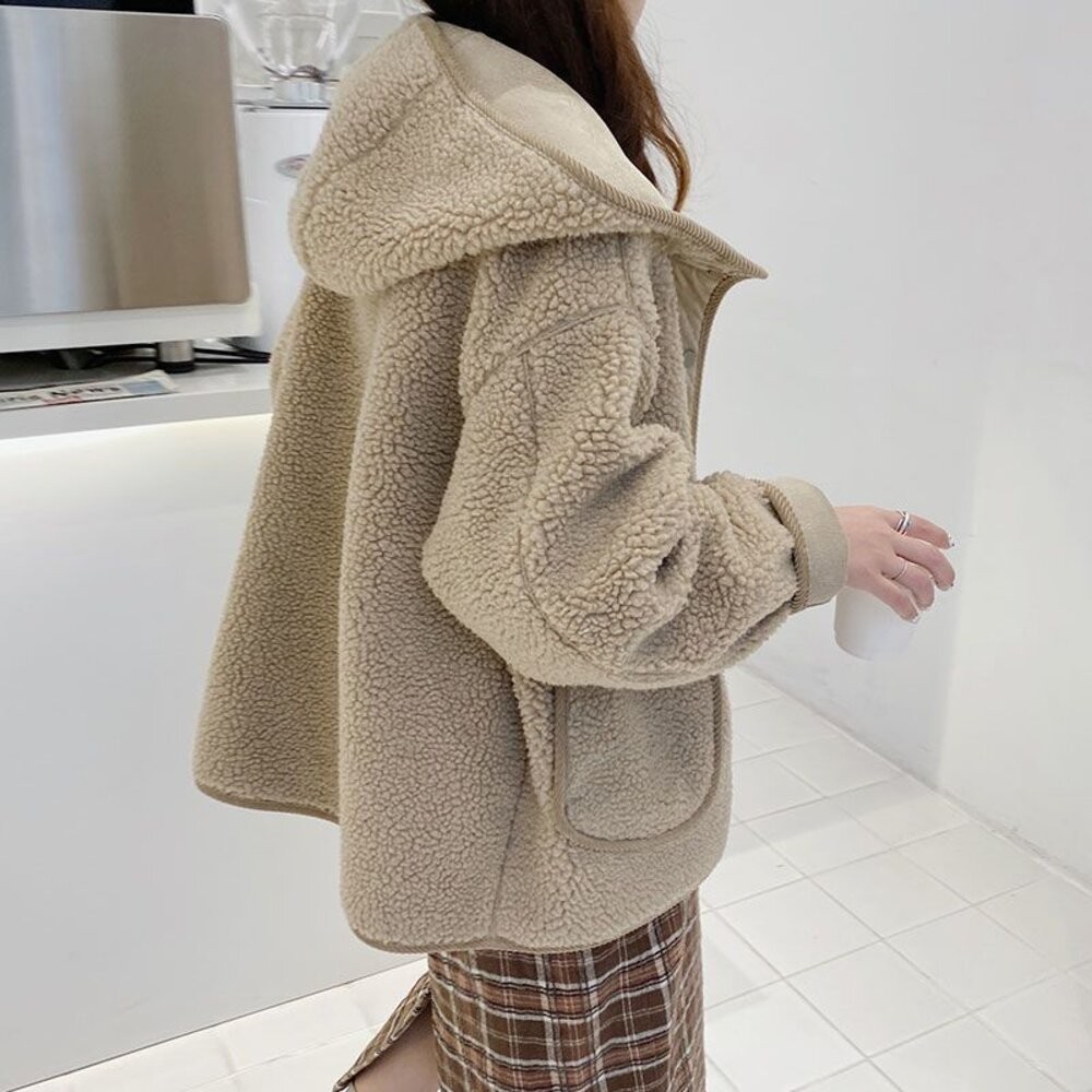 【台灣發貨】韓版寬鬆慵懶羊羔絨連帽外套 外套 防曬外套 女裝 上衣 衣服 【J330】-細節圖2