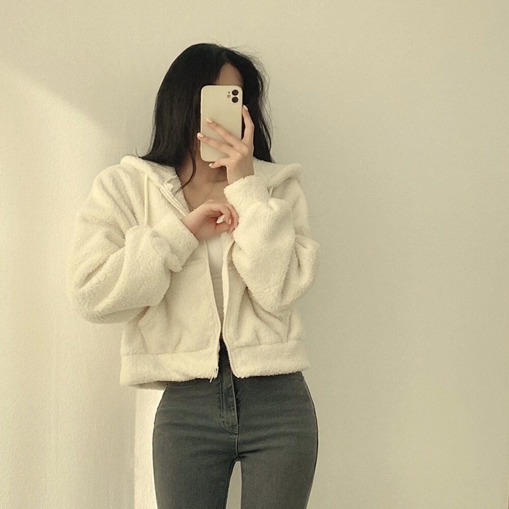 【台灣發貨】韓版QQ毛毛短版連帽外套 外套 防曬外套 女裝 上衣 衣服【J180】-細節圖5