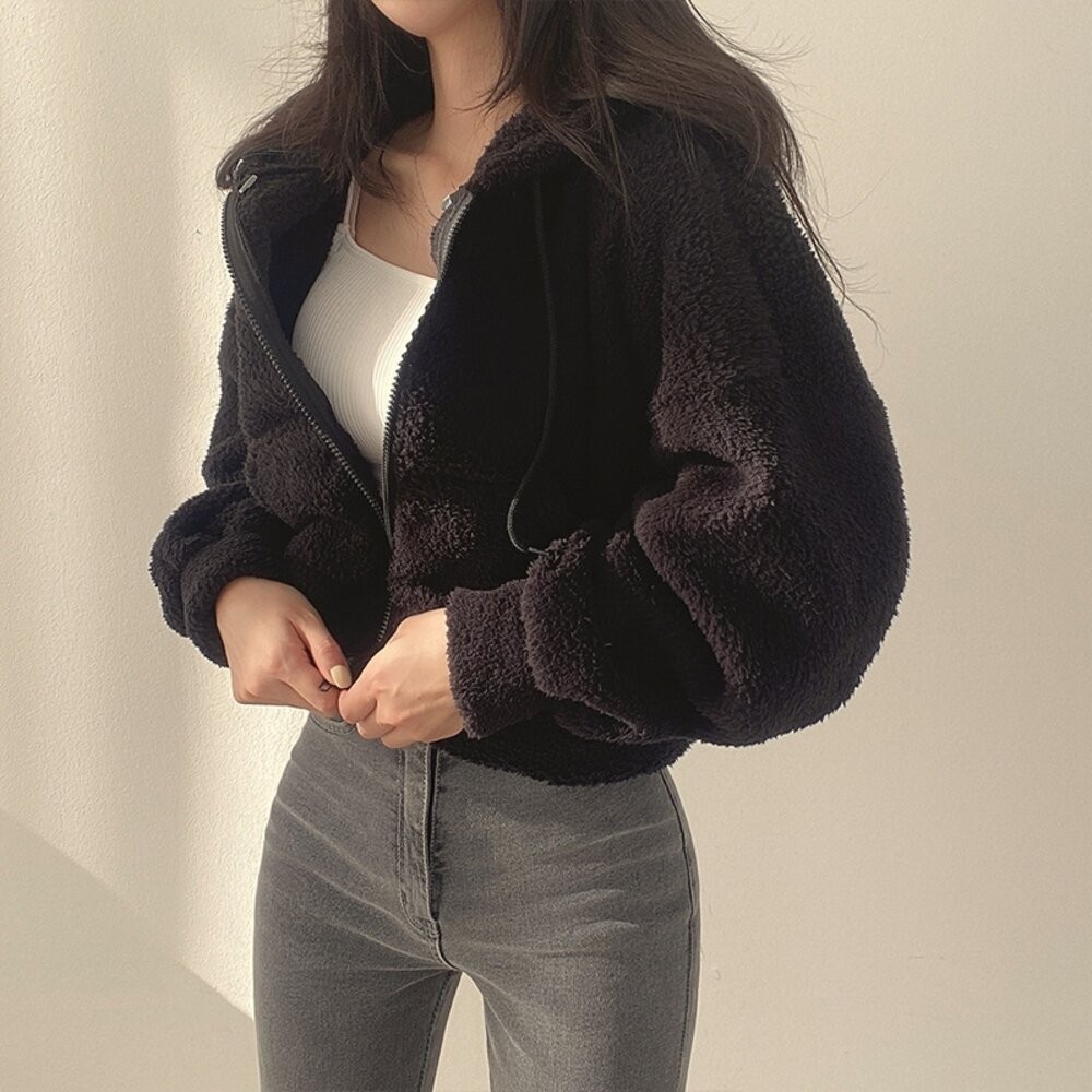 【台灣發貨】韓版QQ毛毛短版連帽外套 外套 防曬外套 女裝 上衣 衣服【J180】-細節圖6
