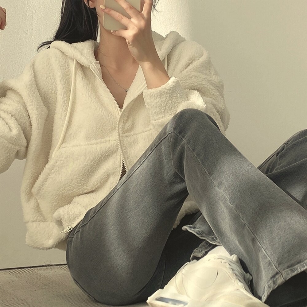 【台灣發貨】韓版QQ毛毛短版連帽外套 外套 防曬外套 女裝 上衣 衣服【J180】-細節圖7