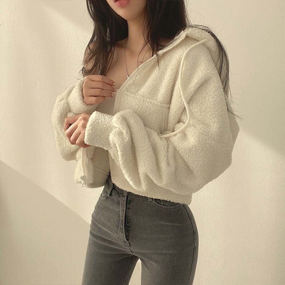【台灣發貨】韓版QQ毛毛短版連帽外套 外套 防曬外套 女裝 上衣 衣服【J180】-細節圖9