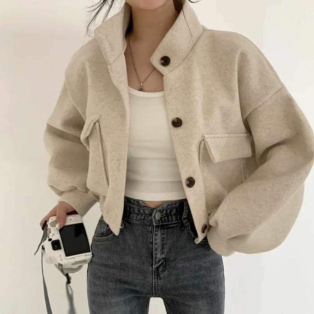 【台灣發貨】韓版寬鬆立領小眾短版外套 外套 防曬外套 女裝 上衣 衣服【J301】-細節圖4