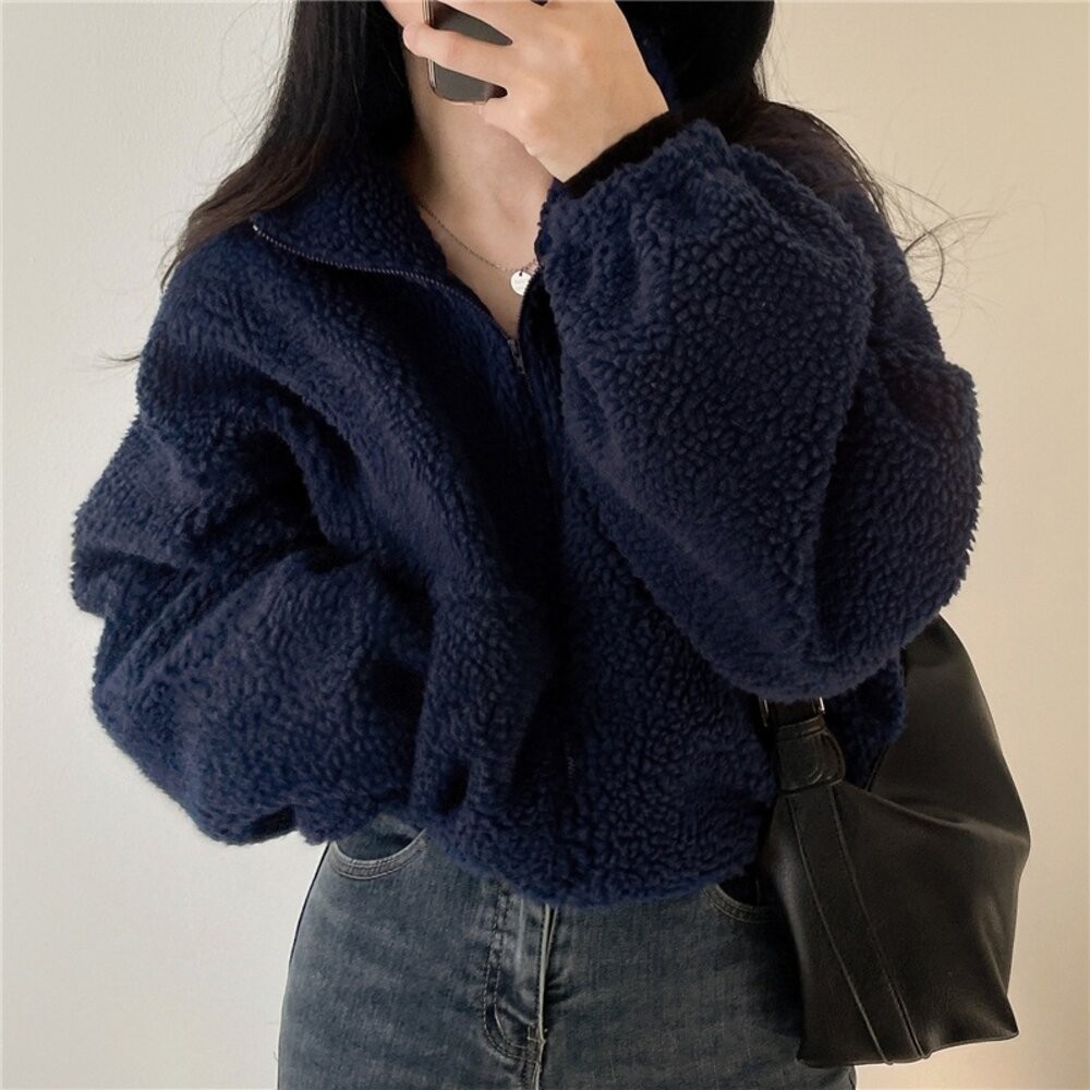 【台灣發貨】韓版立領寬鬆內刷毛慵懶風毛毛外套 外套 防曬外套 女裝 上衣 衣服【J242】-細節圖2