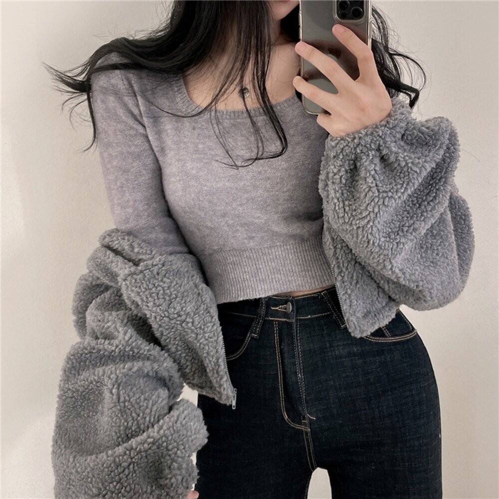 【台灣發貨】韓版立領寬鬆內刷毛慵懶風毛毛外套 外套 防曬外套 女裝 上衣 衣服【J242】-細節圖7